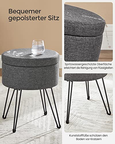 Round Stool with Storage Space, Storage Box with Lid, 13.4 L, Footrest, Metal Legs, Padded Seat, for Living Room, Bedroom, Dark Grey