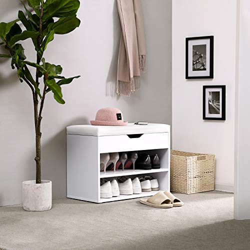 Shoe Rack with Hinged Lid and Padded Seat, Shoe Organizer with 2 Compartments, 60 x 30 x 44 cm, White