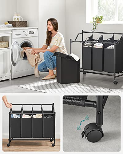 Rolling Laundry Sorter, Laundry Basket with 4 Removable Bags, Laundry Hamper, Laundry Trolley, for Laundry Room, Bedroom, Bathroom, 4 x 35L, Black