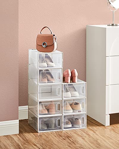 Shoe Boxes, Pack of 8 Stackable Shoe Storage Organisers, Foldable and Versatile for Sneakers, Fit up to UK Size 10.5, Transparent and White