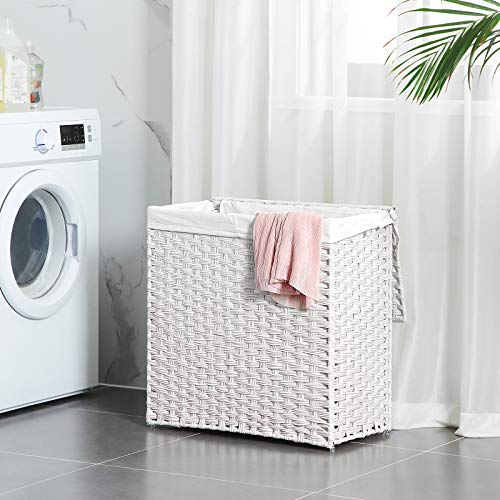 Handwoven Laundry Basket, 110L Synthetic Rattan Divided Clothes Hamper with Lid and Handles, Foldable, Removable Liner Bag, White