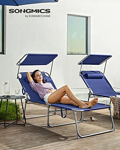 Lounger, Sunbed, Large Reclining Sun Chair, 71 x 200 x 38 cm, Load Capacity 150 kg, with Headrest, Reclining Backrest, Sunshade, Foldable, for Garden, Dark Blue