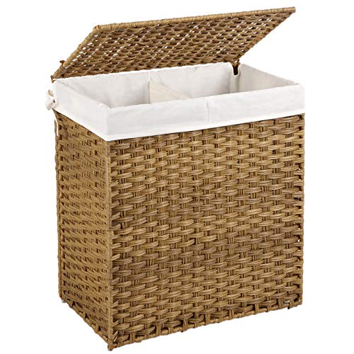 Handwoven Laundry Basket, 110L Synthetic Rattan Divided Clothes Hamper with Lid and Handles, Foldable, Removable Liner Bag, Natural