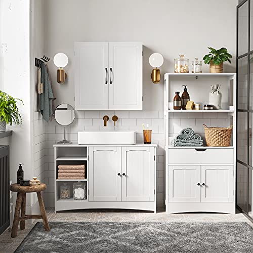 Under Sink Cabinet, Bathroom Sink Cabinet, 90 x 30 x 60 cm, Storage Cupboard with 2 Doors, Open Storage Compartments, Height-Adjustable Shelves, White UK