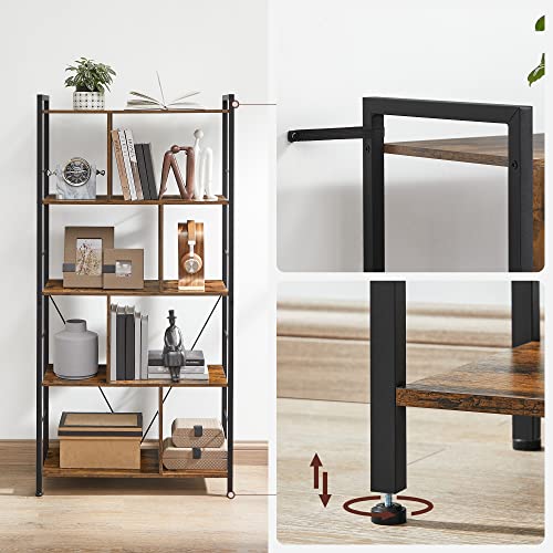 Bookcase, Bookshelf, 5-Tier Living Room Shelving Unit, Industrial Storage Shelf with Open Compartments for Home Office, Bedroom, Industrial Style, Rustic Brown and Black