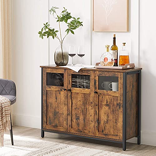 Sideboard, Buffet Table, Storage Cabinet with Glass Doors, Dining Room, Living Room, Hallway, Kitchen, Steel Frame, Industrial Style, Rustic Brown and Black