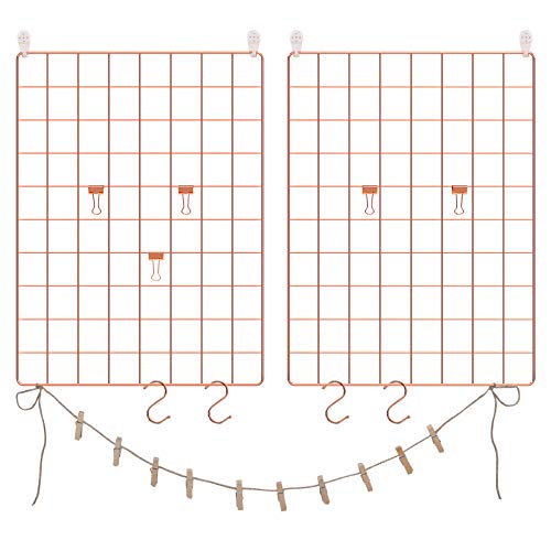 Grid Panels, Photo Wall Display, Metal Mesh Wall Decor, DIY, Hanging Picture Wall, S Hook, Clip, Hemp Cord, Set of 2, Rose Gold