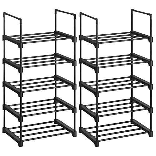 5-Tier Shoe Rack, Set of 2 Metal Shoe Storage Organiser, Stackable Storage Rack, Space-Saving, Freestanding Shelf, for Hallway, Bedroom, Living Room, Black