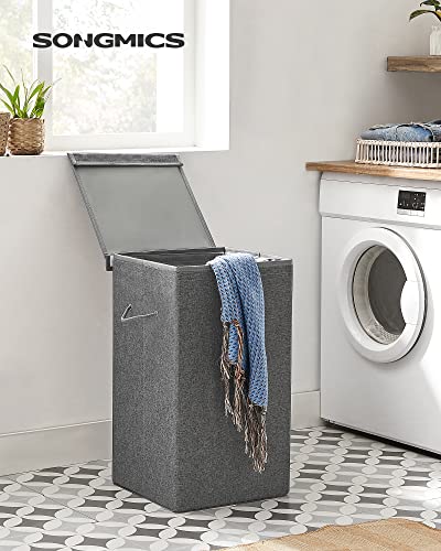 85L Laundry Basket, Wash Basket with Magnetic Lid and Handles, Laundry Hamper, Collapsible, Linen-Look Fabric, Removable Liner Bag, Dark Grey