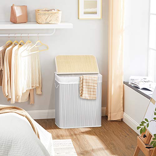 Laundry Basket with Lid, Laundry Hamper with Removable Liner Bag, Clothes Hamper with Clip and Handles, Foldable, 100L, for Laundry Room, Bedroom, White