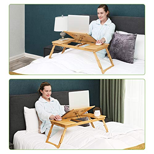 Bamboo Laptop Desk, Foldable Bed Table, for Left-hander, Right-hander, Height Adjustable Sofa Tray, 72 x (21-29) x 35 cm (B x H x T), with 5 Tilting Angles, Air Holes, Small Drawer