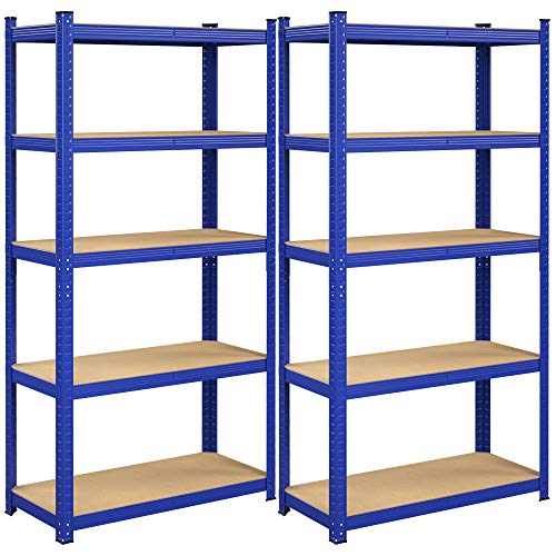 5-Tier Shelving Units, Set of 2 Steel Shelving Units for Storage, Tool-Free Assembly, for Garage, Shed, Load Capacity 875 kg, 40 x 90 x 180 cm, Blue