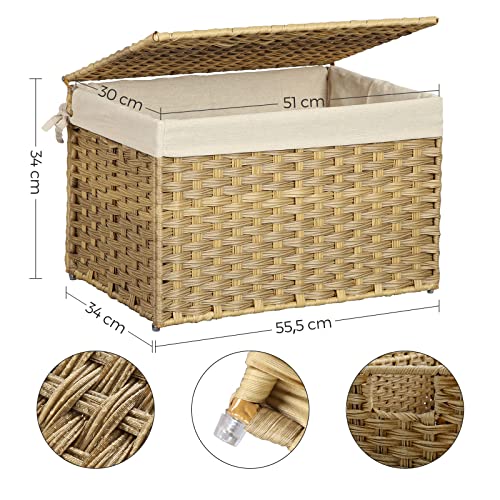 Rattan-Style Storage Box, Indoor Storage Basket, 65L Landry Hamper, Decorative Bin with Lid Liner Handles, Storage Trunk, Rectangular, Bedroom Closet Laundry Room, Natural