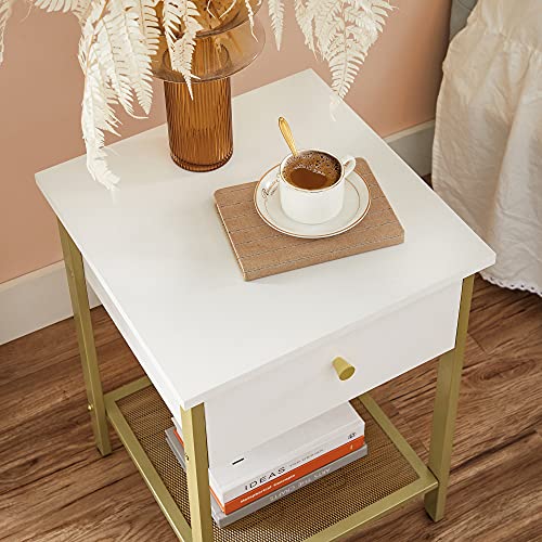 Bedside Table with Drawer and Mesh Shelf for Bedroom Living Room Modern White Gold