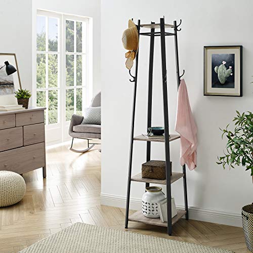 Coat Rack, Coat Stand with 3 Shelves, Ladder Shelf with Hooks for Scarves, Bags and Umbrellas, Steel Frame, Industrial Style, Greige and Black