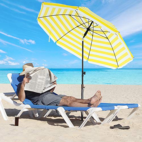 1.6 m Parasol, Beach Umbrella, Sun Protection with UPF 50+, Portable Octagonal Canopy, Tilt Mechanism, Air Vent, Carry Bag, for Beach, Gardens, Balcony, Pool, Yellow and White Stripes