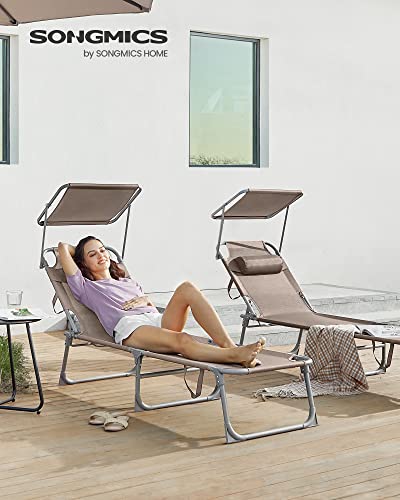 Sun Lounger, Sunbed, Reclining Sun Chair, with Headrest, Adjustable Backrest, Sunshade, Lightweight, Foldable, 53 x 193 x 29.5 cm, Load Capacity 150 kg, for Garden, Taupe 