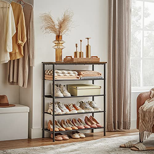 Shoe Rack 5 Tier, Shoe Storage Organiser Narrow, with 4 Fabric Shelves and Top for Bags, Steel Frame, for Entryway, Closet, Industrial, Rustic Brown and Black