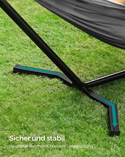 Hammock with Stand, 210 x 150 cm Hammock, 5 Adjustable Heights, Portable Hammock with Metal Frame, Load Capacity 240 kg, Patio, Garden, Yard, Black Stand and Grey Hammock