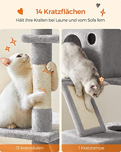 Cat Tree, 206 cm Large Cat Tower with 13 Scratching Posts, 1 Scratching Ramp, 2 Perches, 2 Caves, Basket, Hammock, Pompoms, Multi-Level Plush Cat Condo for Indoor Cats, Light Grey