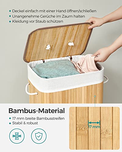 Bamboo Laundry Basket, XL Foldable Storage Hamper with Removable Washable Lining, 72L, 40 x 30 x 60 cm, Natural