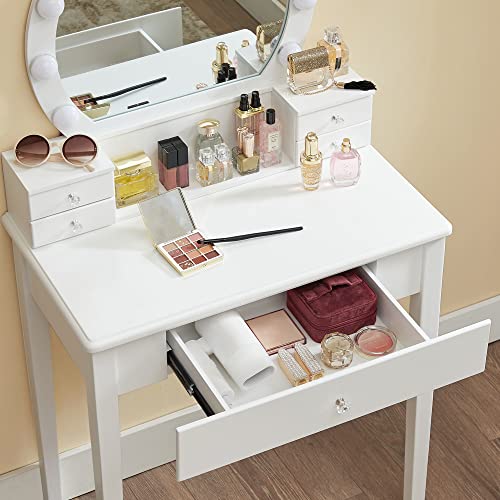 Dressing Table Set with Mirror, 10 Dimmable Bulbs, Modern, Padded Stool, 5 Drawers, 70 x 40 x 134 cm, Gift Idea, White