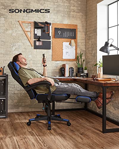 Gaming Chair Desk Chair with Footrest, Office Chair with Headrest and Lumbar Cushion, Height-Adjustable, Ergonomic, 90-135° Tilt Angle, Load 150 kg Black + Blue