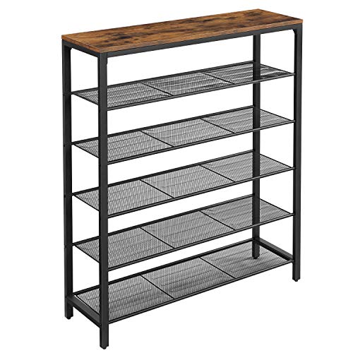 Shoe Rack with 5 Grid Levels and Large Surface for Entrance, Hallway, Metal Industrial Frame Design, Vintage Brown-Black