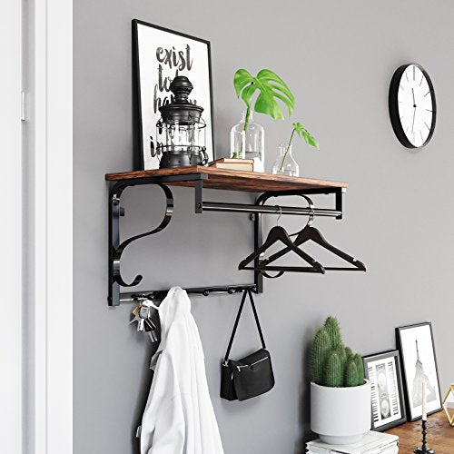 Industrial Coat Rack Shelf Wall Mounted, Hook Rack Shelf with 5 Hooks and Hanging Rail, for Entryway, Hallway, Bathroom, Living Room, Rustic Brown, Black