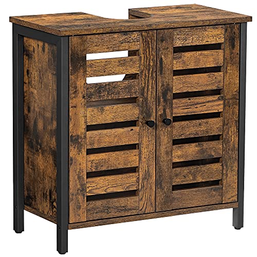 Under Sink Cabinet, Bathroom Vanity Unit, Storage Cupboard, 60 x 30 x 60 cm, with Steel Frame, Louvered Doors, Adjustable Shelf, Industrial, Rustic Brown and Black