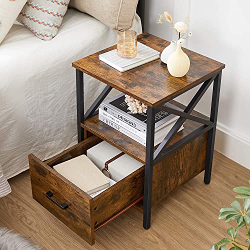 Bedside Table, Side Table, Nightstand with Open Shelf, Drawer, 40 x 40 x 55 cm, Rustic Brown and Black