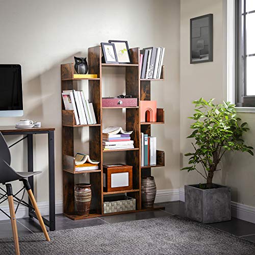 Bookshelf, Tree-Shaped Bookcase with 13 Storage Shelves, 86 x 25 x 140 cm, with Rounded Corners, Rustic Brown