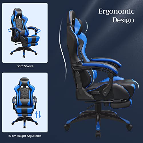 Gaming Chair, Ergonomic Office Chair, Desk Chair, Extendable Footrest, 90°-135° Tilt Angle, Maximum Load 150 kg, Black/Blue