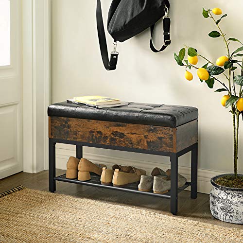 Shoe Storage Bench, Padded Bench, Bedroom Stool with Shelf, Hall, Living Room, Steel Frame, Easy Assembly, Synthetic Leather, Industrial Style, Rustic Brown and Black