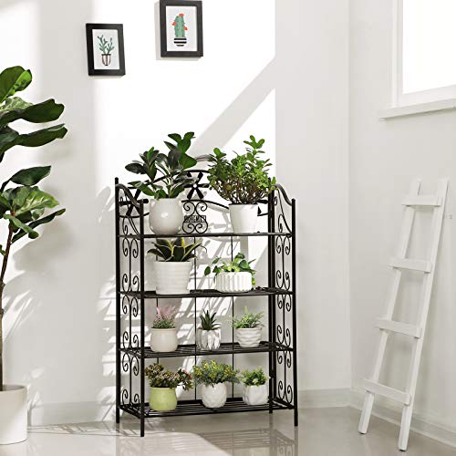 Retro 4-Tier Bathroom Shelf, Garden Plant Stand, Metal Flower Cart, Plant Rack Display, Black