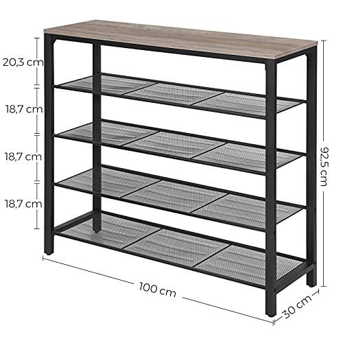 Shoe Rack, Shoe Storage Organiser with 4 Mesh Shelves and Large Surface for Bags, Shoe Shelf for Entryway, Hallway, Closet, Steel Frame, Industrial, Greige and Black