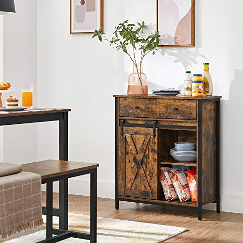 Storage Cabinet, Sideboard and TV Cabinet, Freestanding Floor Cabinet with 1 Drawer and Sliding Barn Door, Industrial, Rustic Brown and Black