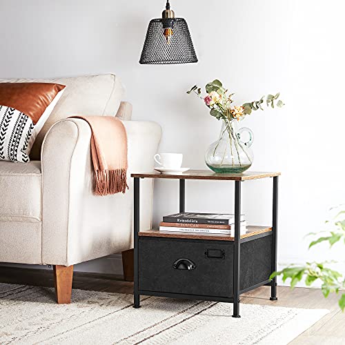 Nightstand, Bedside Table with Storage, Fabric Drawer Dresser, End Table with 2 Shelves, Industrial Style, for Living Room, Bedroom, Rustic Brown and Black