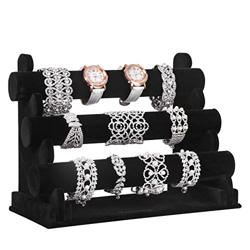 3-Bar Velvet Bracelet Holder for Watch, Necklace, Jewelry Display Rack and Tangle Organizer Stand Black