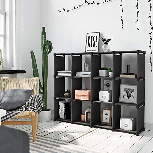 Cube Storage, 12-Cube Bookcase, DIY Closet Organiser, Storage Shelf in Living Room, Children’s Room, Bathroom, 105 x 30 x 140 cm, Includes Rubber Mallet, Black