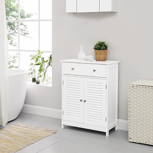 Bathroom Floor Cabinet, Storage Organiser Unit, 60 x 30 x 80 cm, Cupboard with 2 Louvred Doors, Drawer, Adjustable Shelf, Scandinavian Nordic Style, Matte White