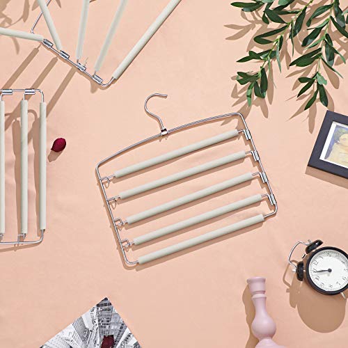 Trousers Hangers, Set of 3 Space-Saving Multi-Bar Metal Pants Hangers, Stable with Non-Slip Padding, Swing Bars for 5 Jeans Each, Suit Pants, Scarves, Ties, Grey and Silver