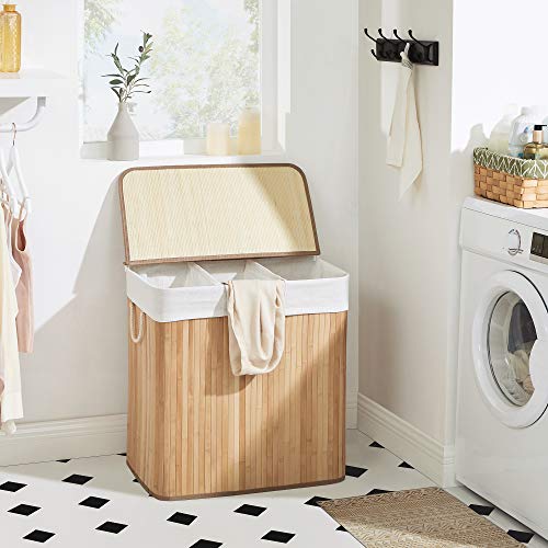 Laundry Hamper Basket with 3 Sections, Clip-on Lid and Handles, 150L Foldable, for Laundry Room, Bedroom, Bathroom, Natural