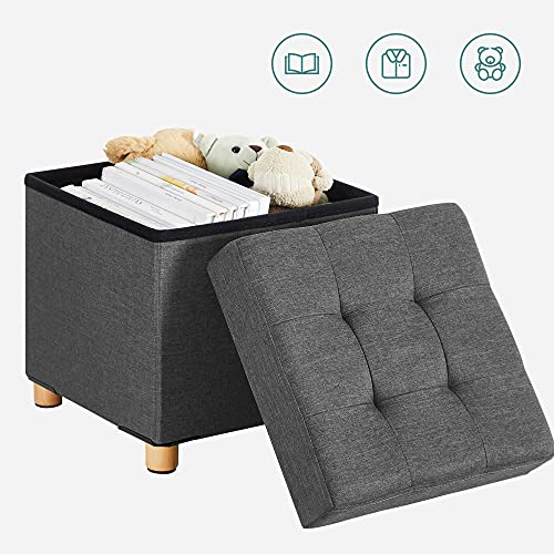 Collapsible Cube Ottoman Storage and Foot Stool with Wooden Feet and Lid Dark Grey