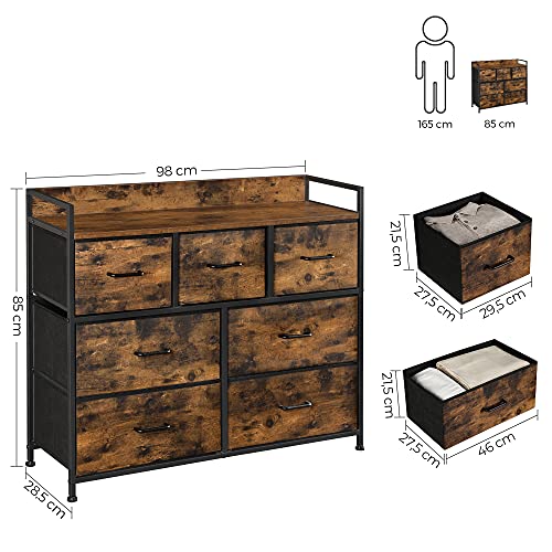 Fabric Chest of Drawers, Bedroom Storage Unit, Cabinet Dresser with 7 Drawers, with Metal Frame and Handles, Industrial, Rustic Brown and Black