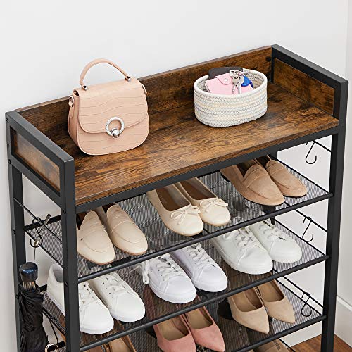 Shoe Rack Storage Organiser, with Raised Edges, 4 Mesh Shelves, Holds up to 14 Pairs of Shoes, for Sneakers, High Heels, Slippers, Industrial, Rustic Brown and Black