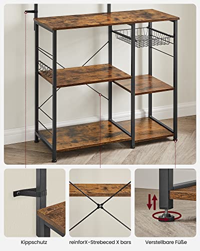 Baker’s Rack with Shelves, Microwave Stand with Wire Basket, 6 S-Hooks, Kitchen Shelf, Utility Storage for Spices, Pots, and Pans, Rustic Brown