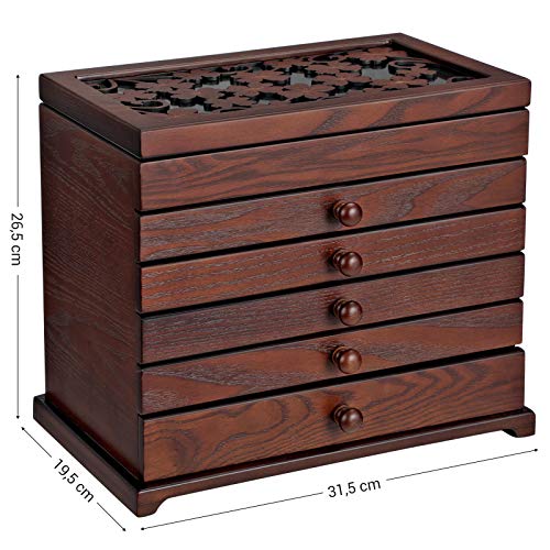 Wooden Jewellery Box with Floral Carving, 6-Tier Jewellery Organiser with 5 Removable Pull-Out Drawers, Gift for Loved Ones, Dark Brown