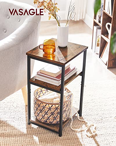 Side Table, Bedside Table, End Table with 2 Storage Shelves, Slim Tall Table, Steel Frame, for Living Room, Sitting Room, Bedroom, Industrial, Rustic Brown and Black