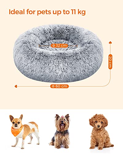 Dog Bed, Donut Cat Bed, Fluffy Calming Pet Bed with Removable, Washable Cover, Soft Long Plush, 60 cm, Grey